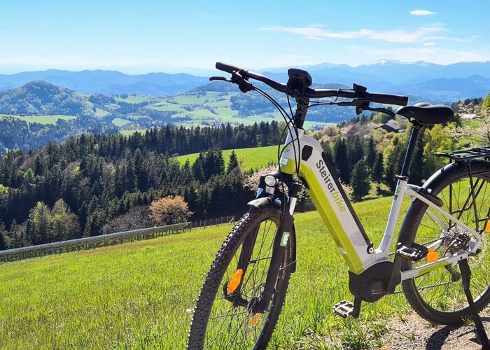 E-Biken mit Blick auf das Almenland in der Oststeiermark | © TV Oststeiermark | Christine Schwetz