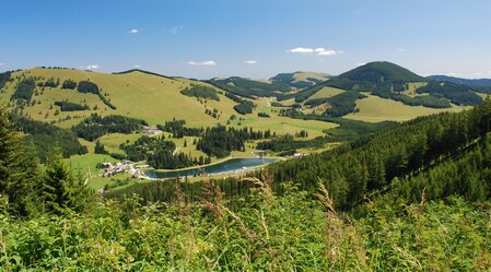 Almpanorama über den Teichalmsee im Naturpark Almenland | © Oststeiermark Tourismus | Franz Berghofer