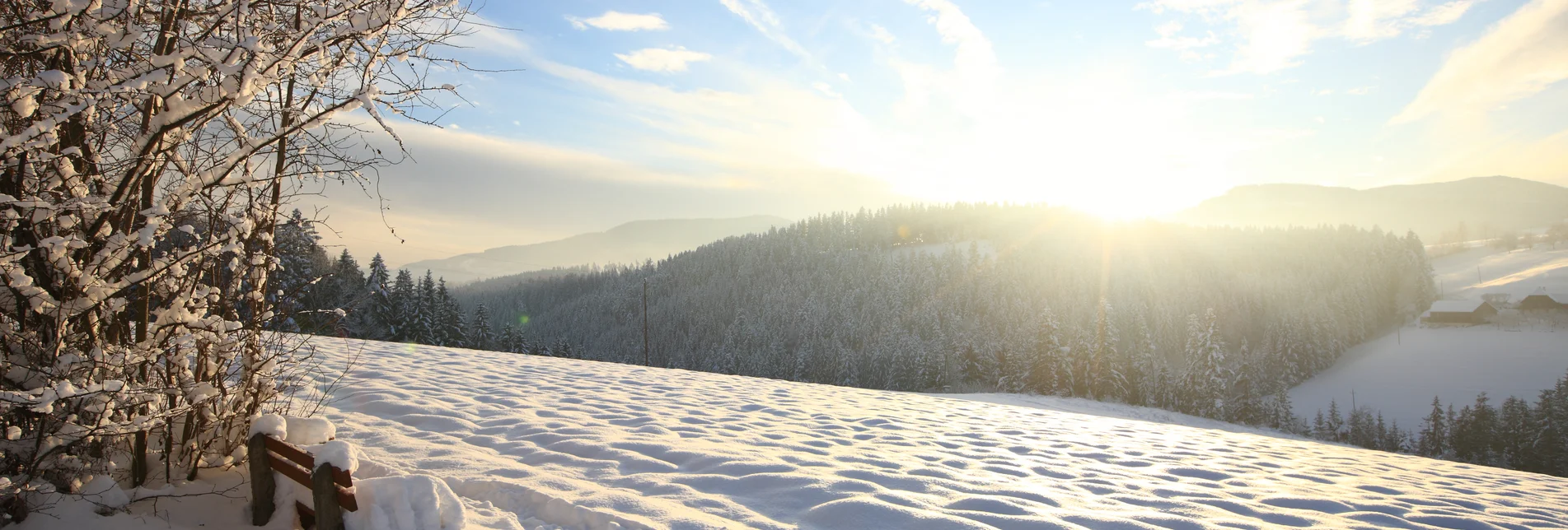 Verschneiter Rastplatz mit Aussicht in der Joglland-Waldheimat in der Oststeiermark | ©  Oststeiermark Tourismus | Harry Schiffer