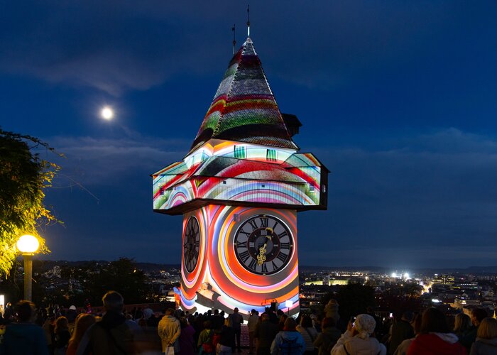 Klanglicht at Graz Clock Tower – illuminated Schlossberg icon | © Graz Region | Harry Schiffer