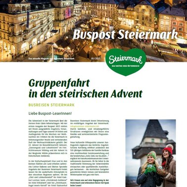 Titelseite der Buspost mit Angeboten für die Vorweihnachtszeit 2021 | © Busreisen Steiermark