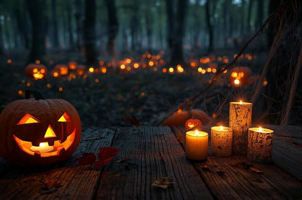 Halloween mit Kürbisse und Kerzen | © CanvaKI-Christine Rotschädl