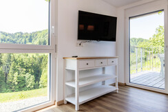 Fernseher und Zugang zur Terrasse