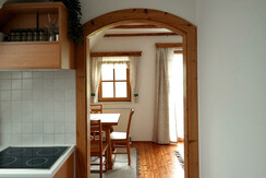 Apartment Rosegg - kitchen with a view into the living room