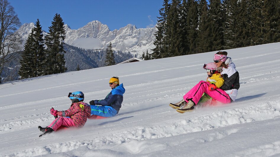 Familie beim Zipfelbobfahren. 